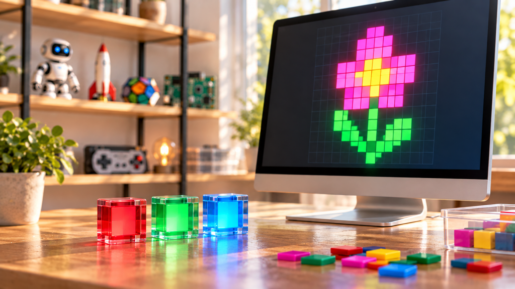 Fleur pixelisée et cubes RVB-5