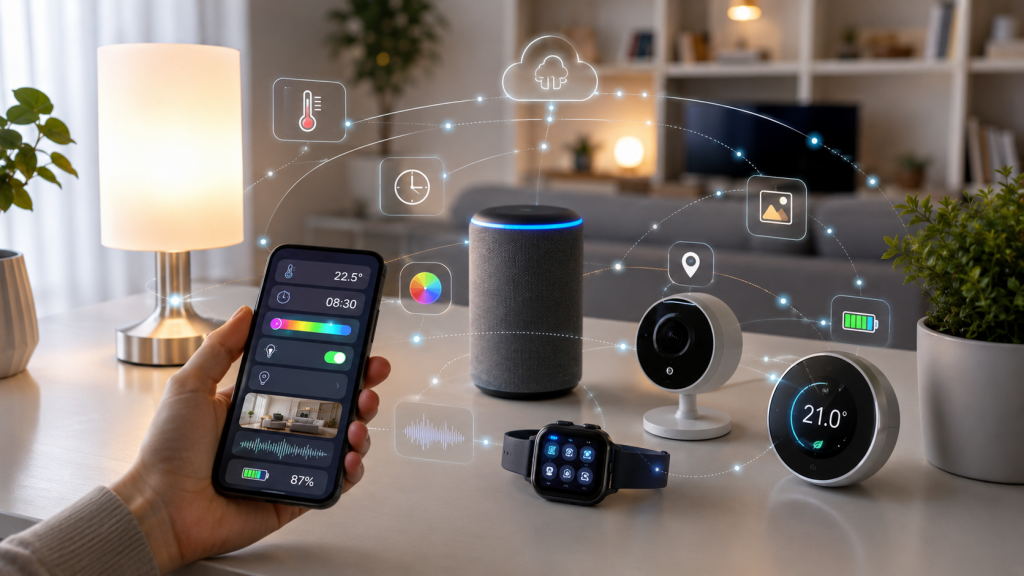 Salon moderne avec interface domotique intelligente